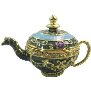 Blue Round Teapot Bejeweled Collectible Trinket Jewelry Box:  