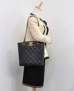 Authentic Chanel Caviar leather Black Tote shoulder bag CC gold chain 