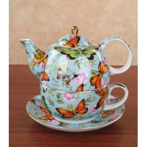  Royal Garden Teapot Cup Set   Butterfly Love   Blue 