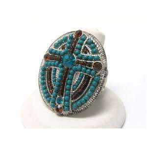  Beautiful Teal Blue and Amber Crystal Cross Fashion Ring 