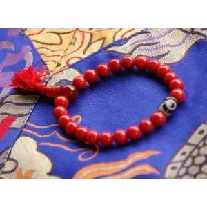  Coral Wrist Mala with Dzi Bead Spacer for Meditation 