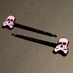 SOURPUSS~Pink Skull/Crossbones Hair Pins/Barrettes~Goth  