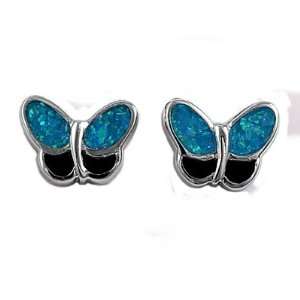   Sterling Silver Earrings Lab Opal / Black Onyx Stud Earring: Jewelry