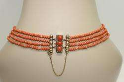 ANTIQUE VICTORIAN 14K GOLD 4 STRAND SALMON CORAL BEAD NECKLACE  