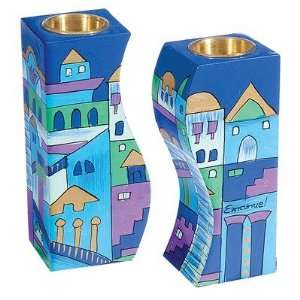   Jerusalem in blue Hand painted Shabbat Candlesticks: Everything Else