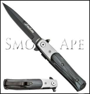 Premium Italian Style Stiletto Knife Black w/ Grey Wood Inlay Spring 