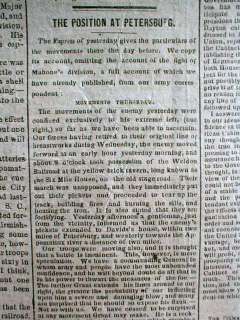 1864 Confederate Civil War newspaper BATTLE of PETERSBURG Virginia LEE 