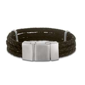 STEL Stainless Steel Black Leather Triple Braided Bracelet 