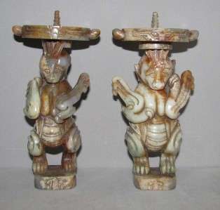 pair China old jade carved beast figure candler  
