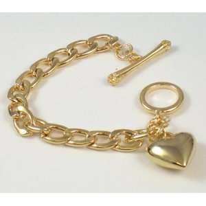 Designer Gold Puffed Heart Ball Toggle Chain Starter Bracelet w/Crown 
