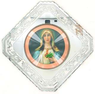 VINTAGE DECO VIRGIN MARY DOMED GLASS RELIGIOUS MIRROR  