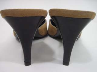 pair of CHARLES DAVID Tan Suede Slides Heels Shoes 8.5. These shoes 