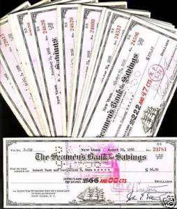Bundle 100 pcs. USA cheques The Seamans Bank of Savings  