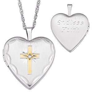    Sterling Silver Diamond Accent Cross Engraved Locket: Jewelry