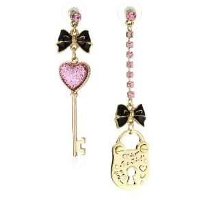   Valentines Day Heart Key and Lock Mismatch Linear Earrings Jewelry