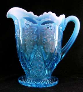 Signed Northwood blue opalescent PANELED HOLLY pitcher  