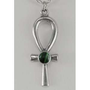   Simple Sterling Silver Egyptian Ankh Accented with Genuine Malachite
