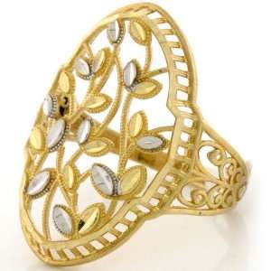    14K Solid Gold Two Tone Diamond Cut Leaf Tree Ring Jewelry