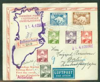 GREENLAND 1939, Complete 1st issue on beautiful cacheted registered 