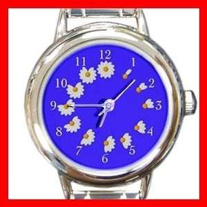 Daisy Petal Blue Flowers Round Italian Charm Watch  