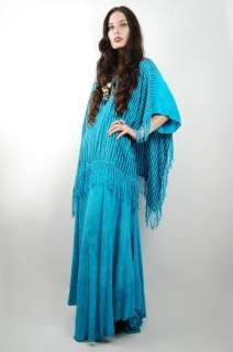 Vtg 70s Blue TIE DYE Goddess Draped Cotton FRINGE Stripe Caftan MAXI 