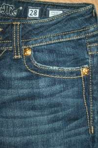 SZ 28 MISS ME Gold Wings & Gold Crystals * Button Flap Boot Cut Jeans 