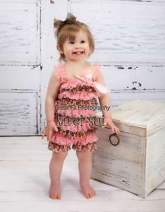 Baby Girls Light Pink Leopard Lace Petti Rompers Romper Straps Bow NB 