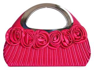 New Satin Rose Ornament Silver Handle Party Clutch Bag  