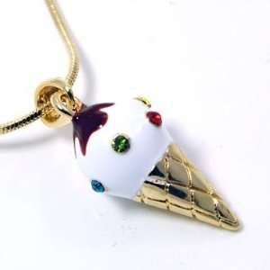 Delicious 3d Crystal Ice Cream Cone Charm Necklace with Chocolate Gold 