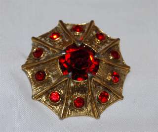Vintage Tara Ruby Red Rhinestones In A Dome Gold Pin  