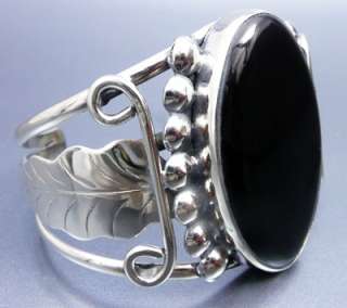 Big Black Onyx Feather Design Cuff Bracelet   Mexican Silver  