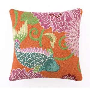  Koi Fish & Flowers Orange Throw Pillow, Hooked, 18 Inches 