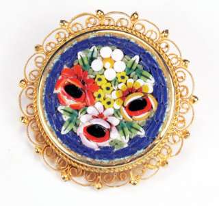 Antique Italian Micro Mosaic Filigree Flower Bouquet PIN Brooch  