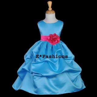 TURQUOISE BLUE FUCHSIA PINK FLOWER GIRL DRESS 6 9M 12 18M 2 3 4 5 6 6X 