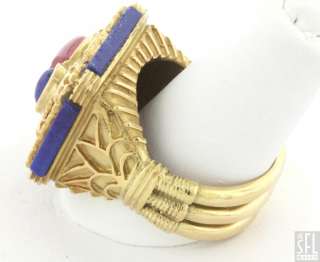 MAYORS HEAVY 18K GOLD CORAL/LAPIS LAZULI SCARAB BEETLE COCKTAIL RING 