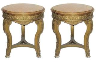 Pair Antique Classical Giltwood Marble Stools Tables  