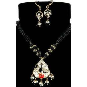  Black Peacock Meenakari Necklace with Earrings   Lacquer 