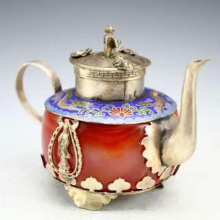 China Old Handwork Silver Jade Kwan Yin Monkey Teapot 112013  