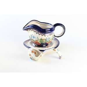 Polish Pottery Floral Butterfly Gravy Boat, Plate and Ladle  