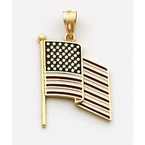  Red/White/Blue Enameled American Flag On Pole Charm, 14K Yellow 