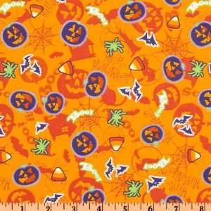  44 Wide Pumpkins Candy Corn & Spiders Orange Fabric By 