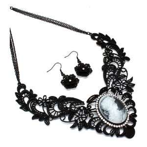   Gothic Victorian Black Metal Flower w/ Cameo Necklace 