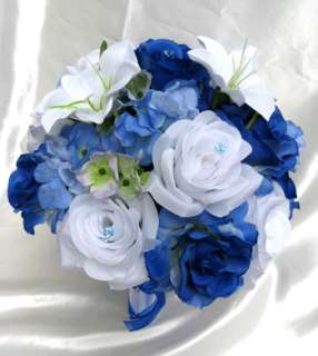 Wedding Bouquet Bridal Silk flowers ROYAL LILY PERIWINKLE BLUE17pc 
