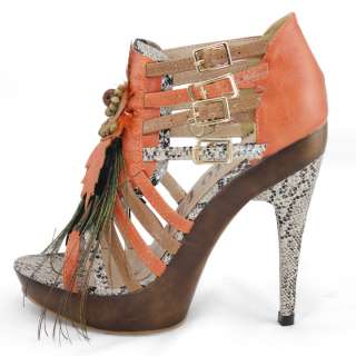   dress orange feather beads strappy snake platform heels shoes  
