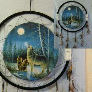  26in Howling Wolf and Pups Dream Catcher Reproduction 
