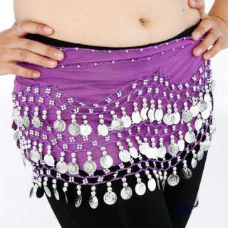 Good Match 3 rows 128 Silver Coins Belly Dance Hip Scarf Costume Belt 