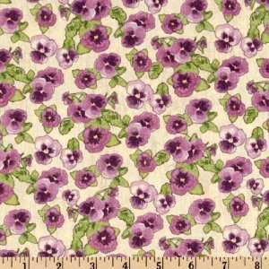 : 44 Wide Garden Tea Party Pansies Cream/Violet Fabric By The Yard 