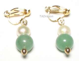 White Pearl & Natural Green Jade 18K YGP Clip on Earrings  