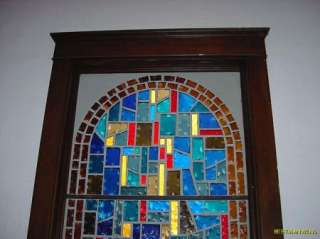 OLD 1960 1970s GOTHIC STAIN GLASS WINDOW 34x102 3 PANELS W/MORTAR 