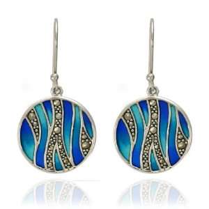   Sterling Silver Marcasite and Multi Color Epoxy Round Earrings